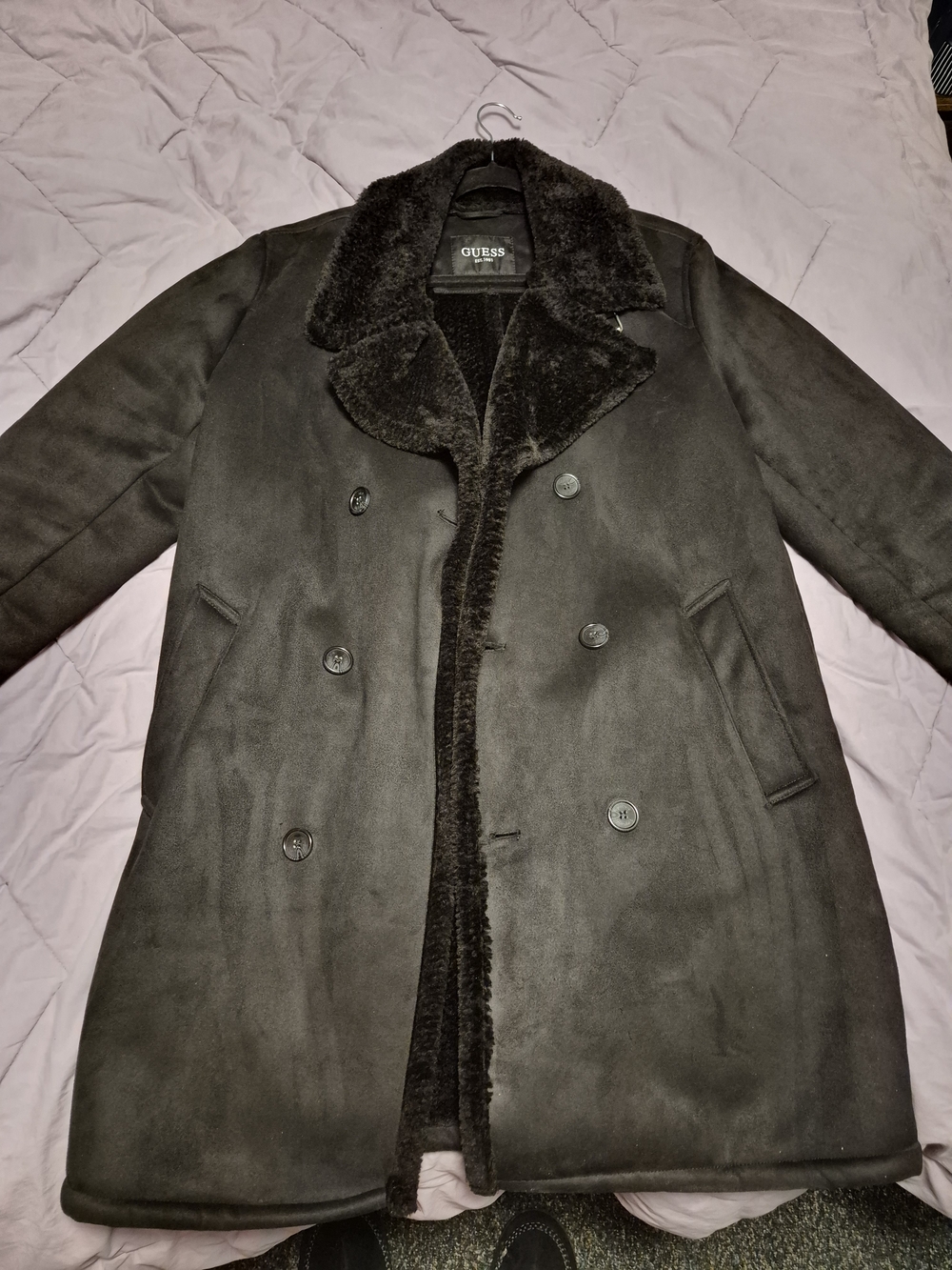 GUESS Men's Black Double-Breasted Shearling-Trim Pea Coat
